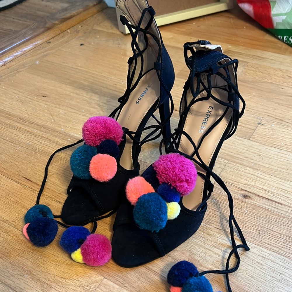 Express Black Tie Up Pom Pom Heels - 7